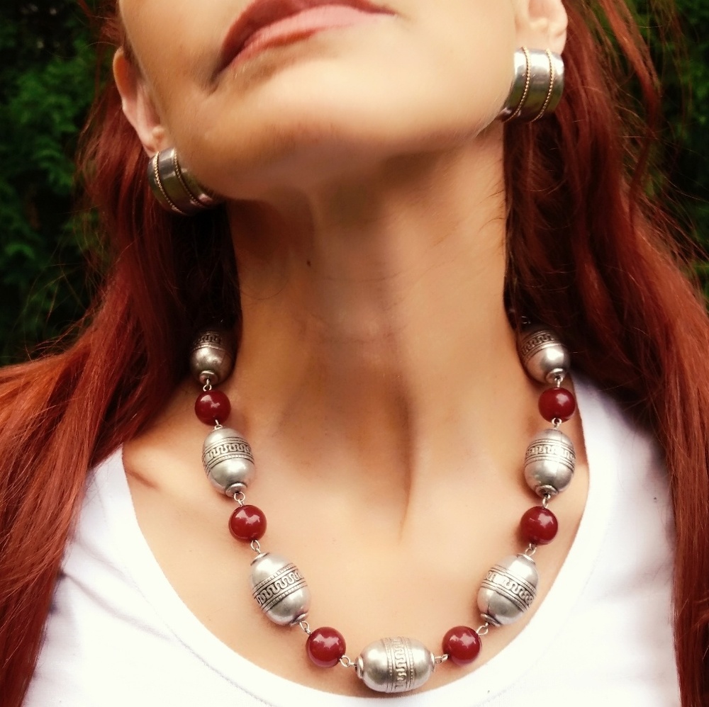 Vintage Silver and Catilan Tribal Bead Necklace - Picture 3 of 6